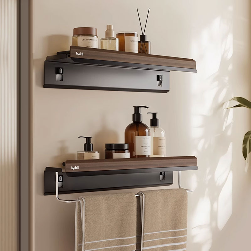 No-Drill Walnut Suction Storage Rack with Towel Bar: Waterproof, Durable & Space-Saving