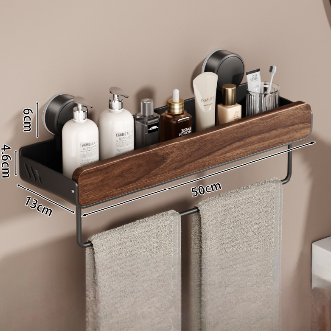Walnut Wood Suction Wall Shelf – Tool-Free Install, Strong Hold, Large Capacity