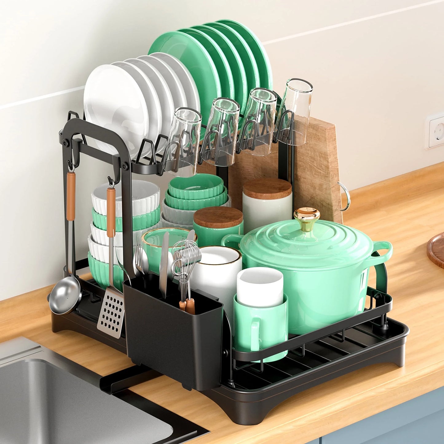 Stainless Steel Dual-Tier Dish Drying Rack – Efficient Drainage & Modular Organization