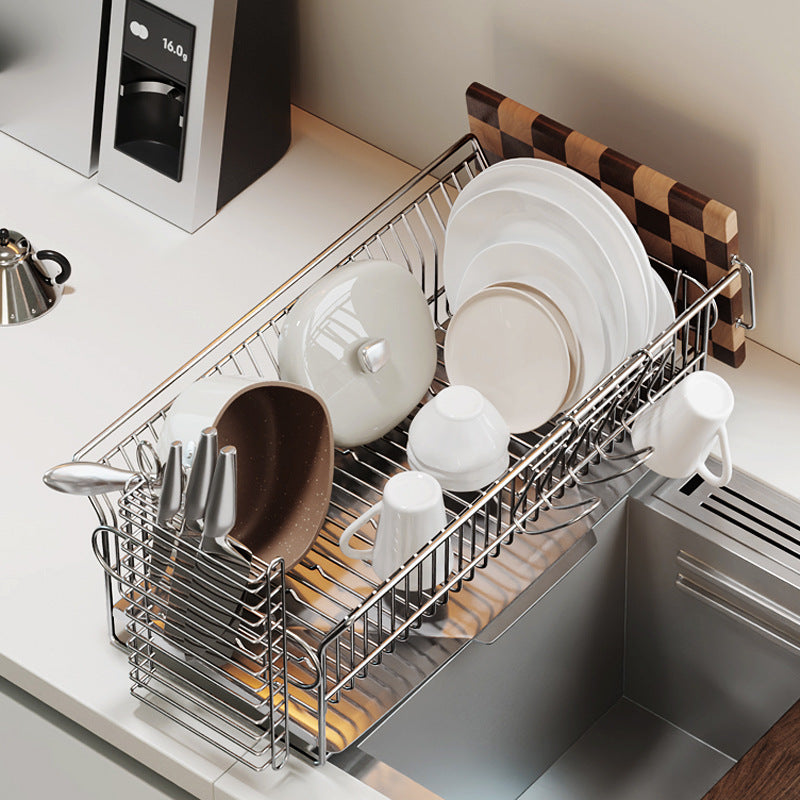 One-Piece Stainless Steel Dish Drying Rack with Drainboard – No Installation Needed