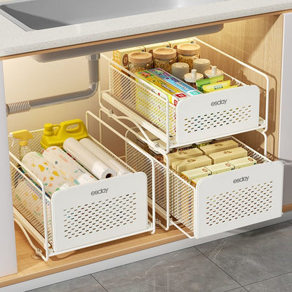 No-Drill Under-Sink Pull-Out Organizer – Heavy-Duty Slide Rack with Anti-Rust Coating