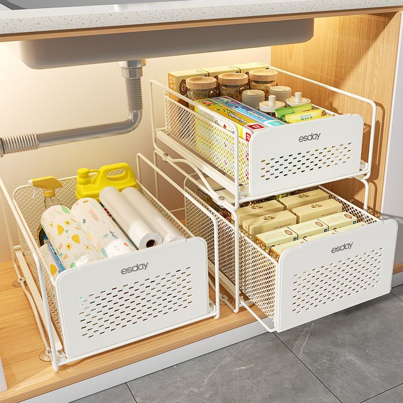 No-Drill Under-Sink Pull-Out Organizer – Heavy-Duty Slide Rack with Anti-Rust Coating