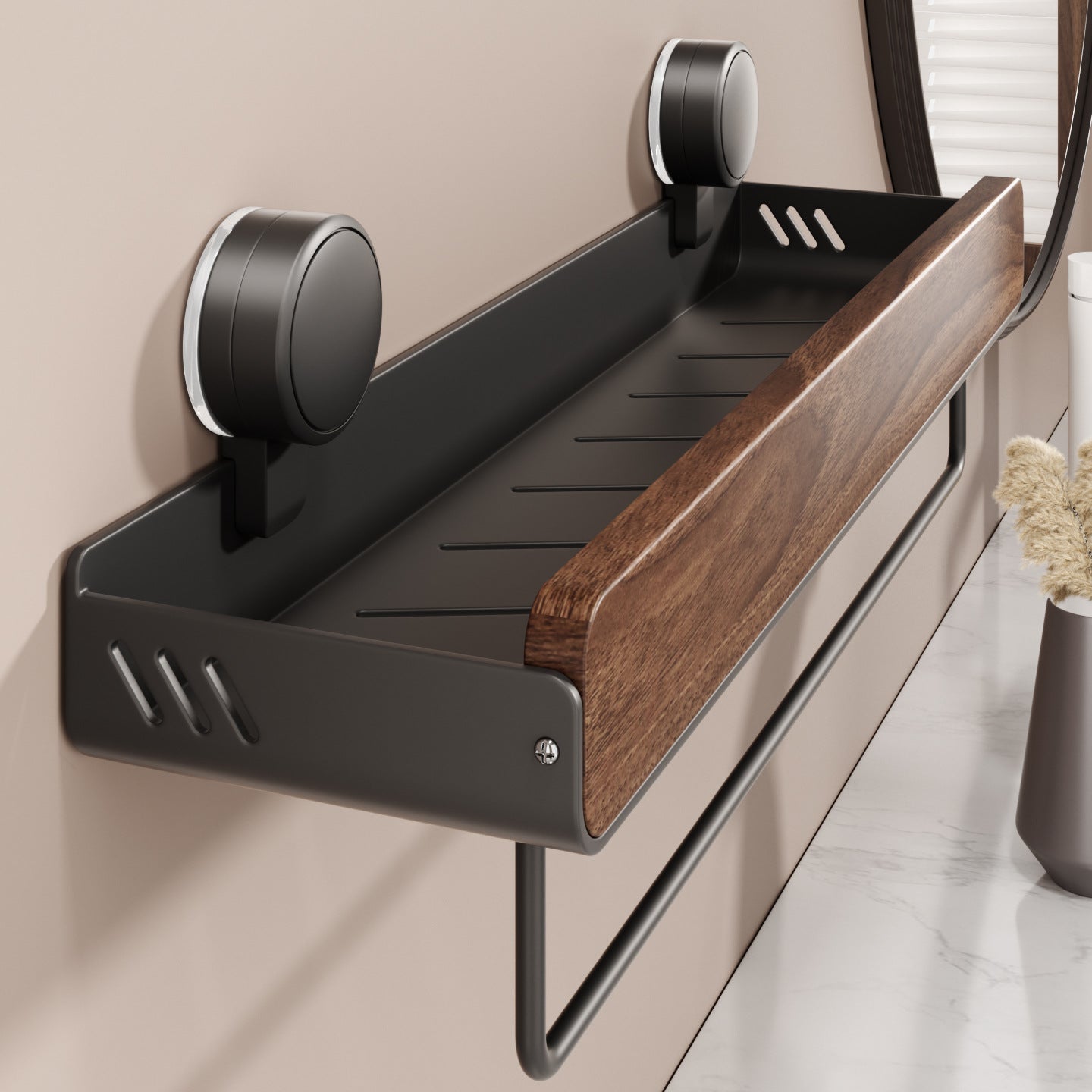 Walnut Wood Suction Wall Shelf – Tool-Free Install, Strong Hold, Large Capacity