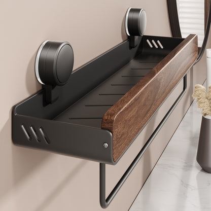 Walnut Wood Suction Wall Shelf – Tool-Free Install, Strong Hold, Large Capacity