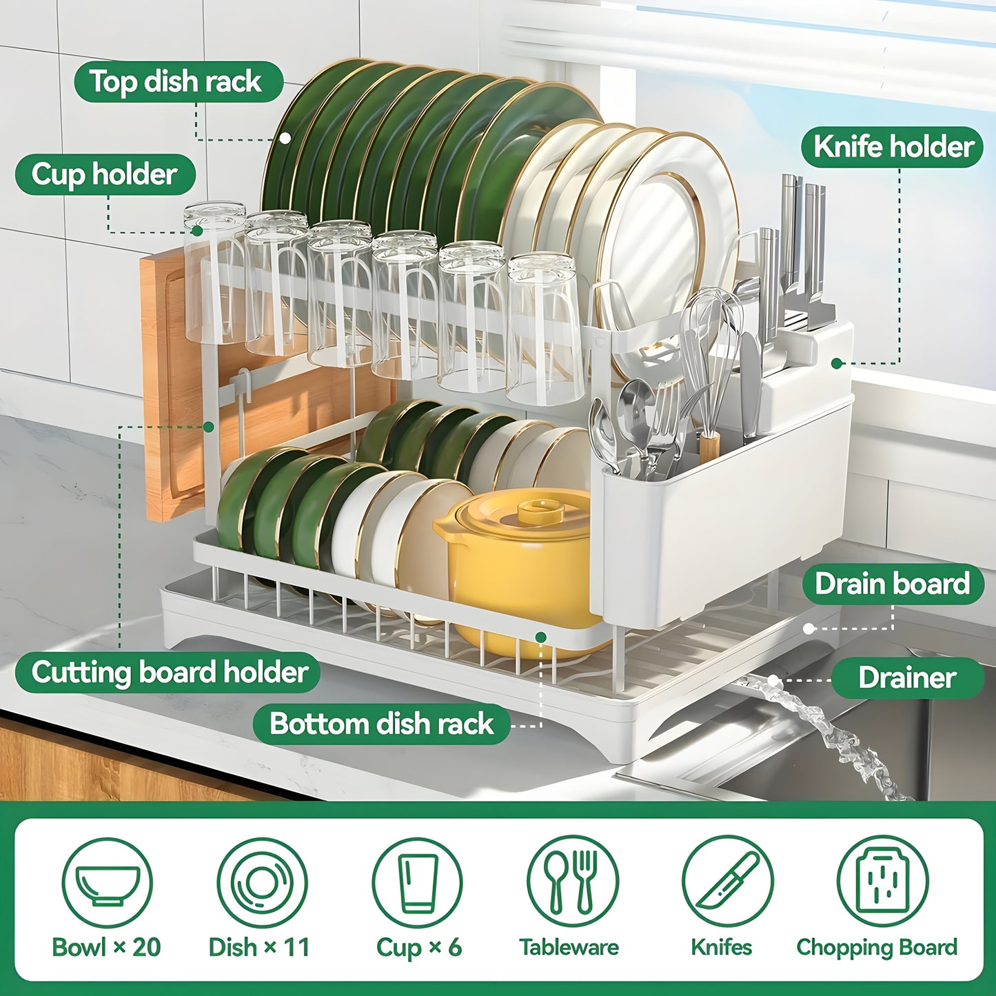 Dual-Tier Large-Capacity Dish Drying Rack