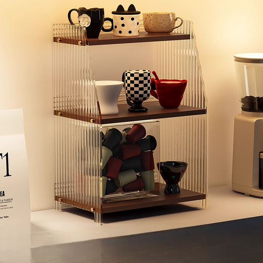 Solid Wood Multi-Tier Trapezoid Cup Rack – Open Design & Natural Grain