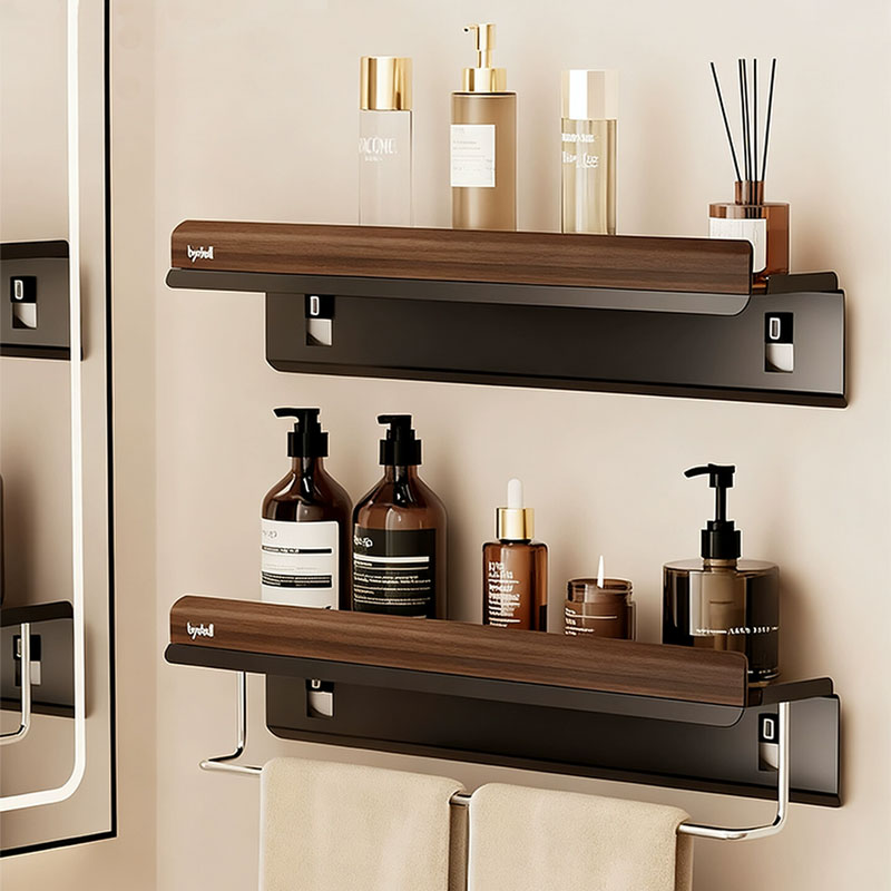 No-Drill Walnut Suction Storage Rack with Towel Bar: Waterproof, Durable & Space-Saving