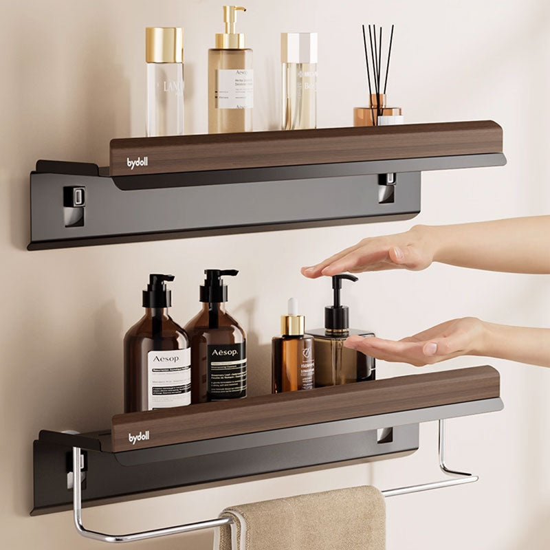 No-Drill Walnut Suction Storage Rack with Towel Bar: Waterproof, Durable & Space-Saving