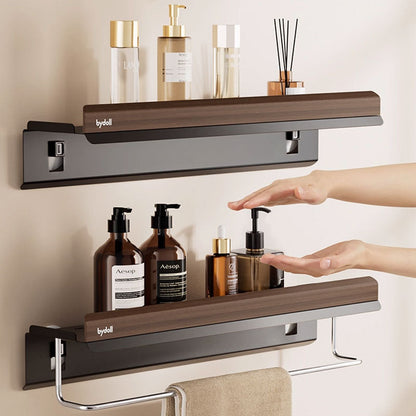 No-Drill Walnut Suction Storage Rack with Towel Bar: Waterproof, Durable & Space-Saving