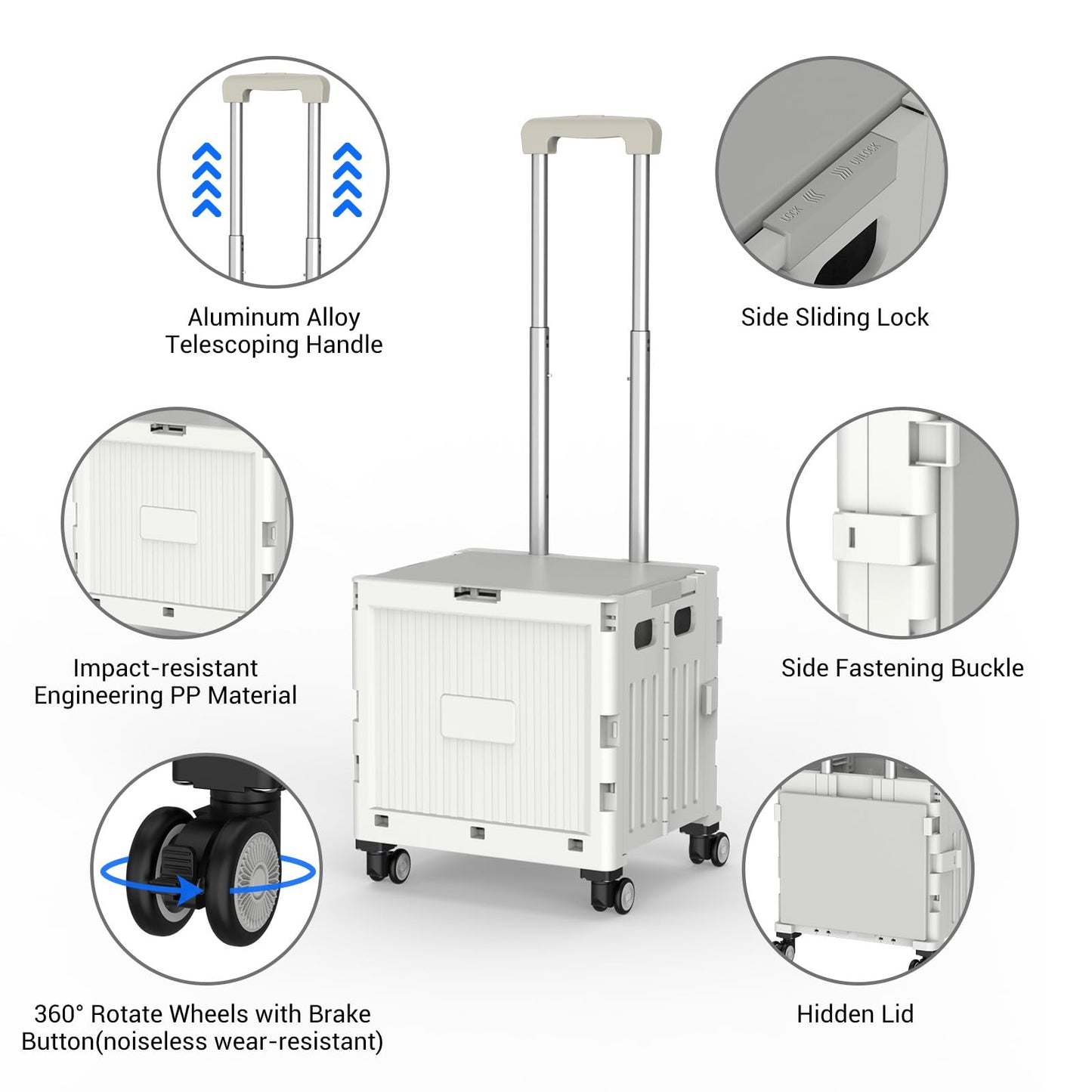 Foldable 4-Wheel Trolley Cart with Lid & Telescopic Handle