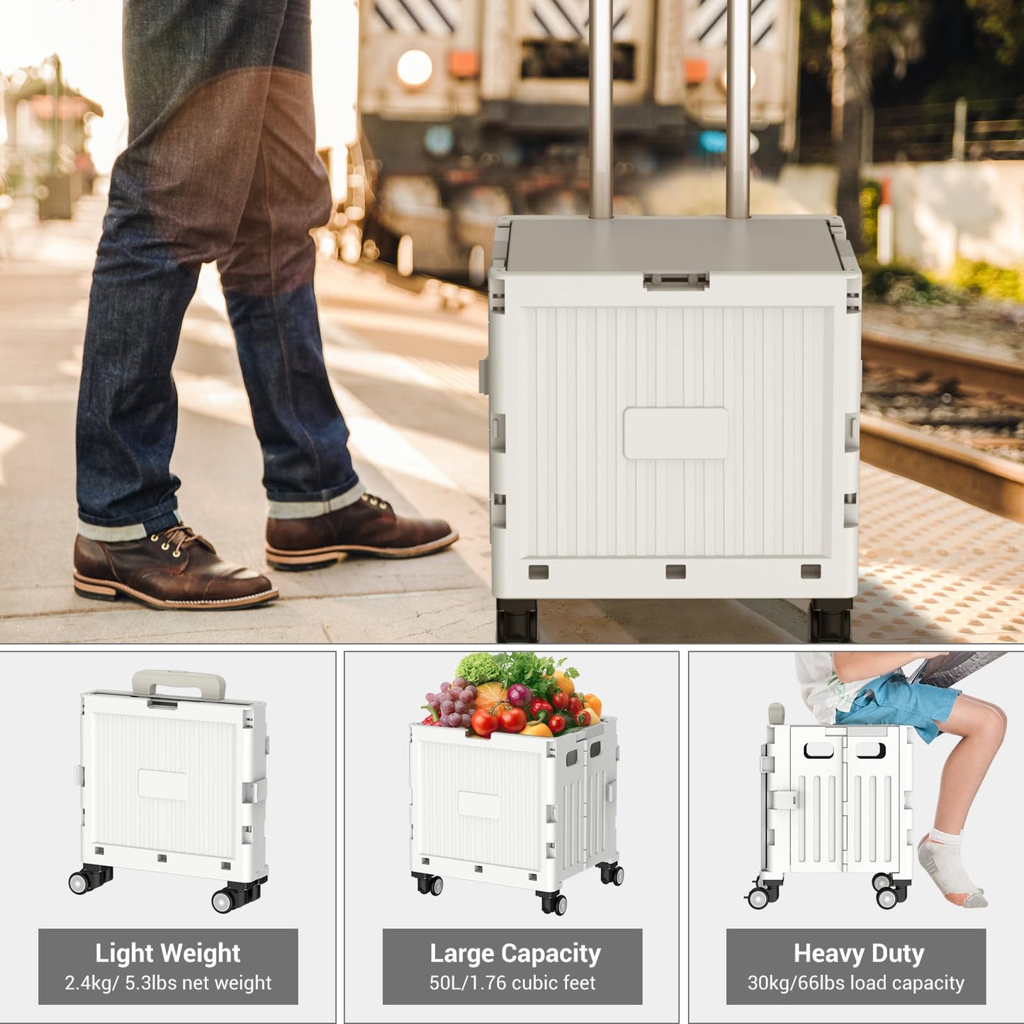 Foldable 4-Wheel Trolley Cart with Lid & Telescopic Handle