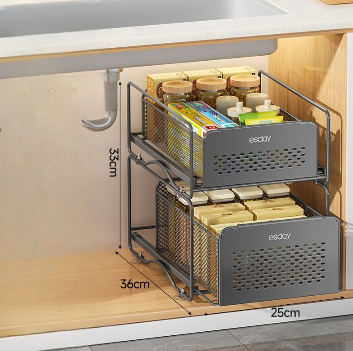 No-Drill Under-Sink Pull-Out Organizer – Heavy-Duty Slide Rack with Anti-Rust Coating