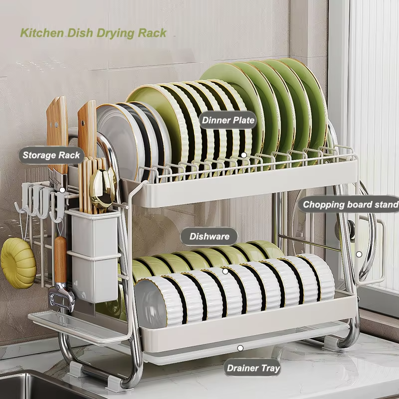 Multifunctional Stainless Steel Dish Rack – Detachable Drip Tray & Adjustable Accessories
