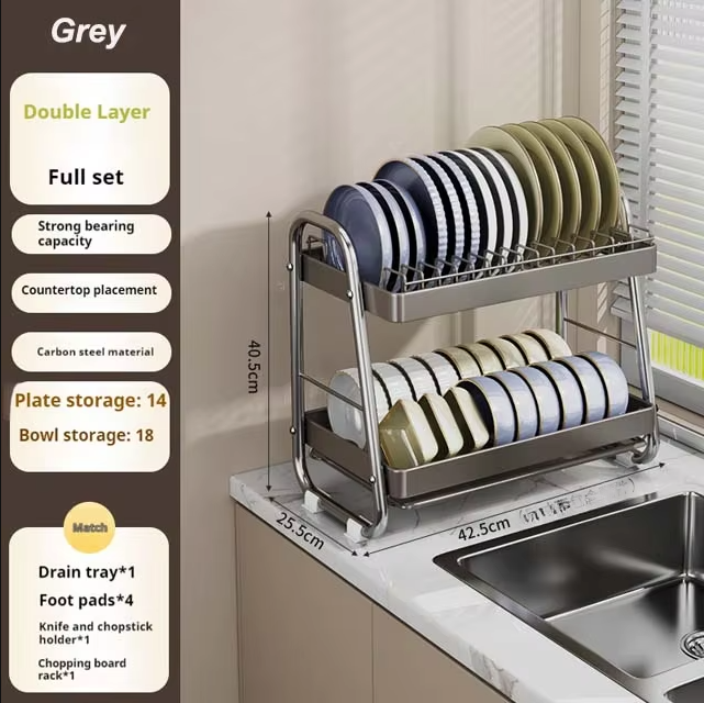 Multifunctional Stainless Steel Dish Rack – Detachable Drip Tray & Adjustable Accessories