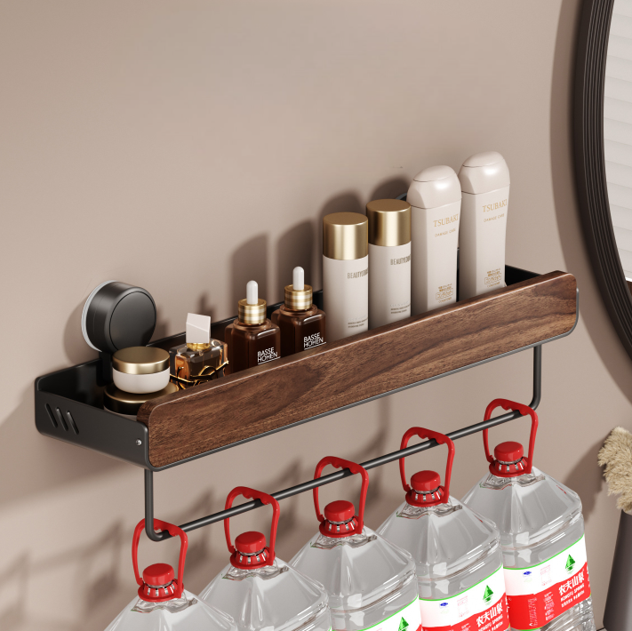 Walnut Wood Suction Wall Shelf – Tool-Free Install, Strong Hold, Large Capacity