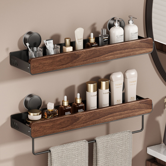Walnut Wood Suction Wall Shelf – Tool-Free Install, Strong Hold, Large Capacity