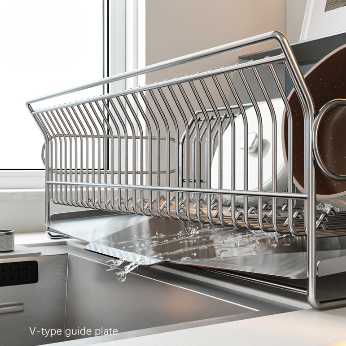 One-Piece Stainless Steel Dish Drying Rack with Drainboard – No Installation Needed