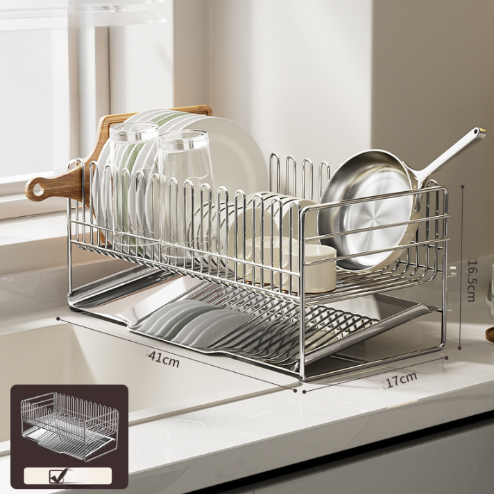 One-Piece Stainless Steel Dish Drying Rack with Drainboard – No Installation Needed