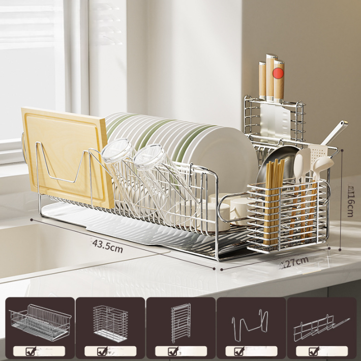 One-Piece Stainless Steel Dish Drying Rack with Drainboard – No Installation Needed
