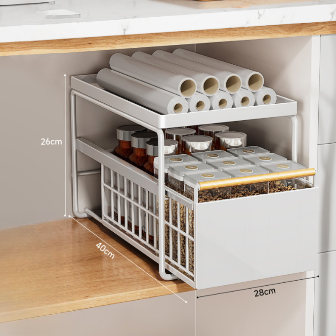No-Drill Under-Sink Pull-Out Organizer – Heavy-Duty Slide Rack with Anti-Rust Coating