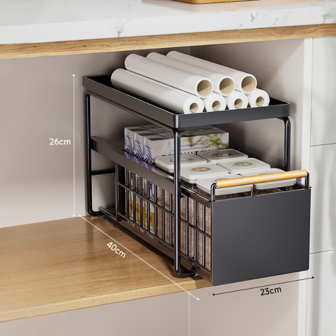 No-Drill Under-Sink Pull-Out Organizer – Heavy-Duty Slide Rack with Anti-Rust Coating