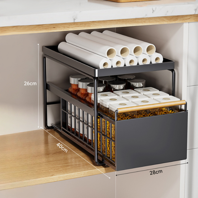 No-Drill Under-Sink Pull-Out Organizer – Heavy-Duty Slide Rack with Anti-Rust Coating