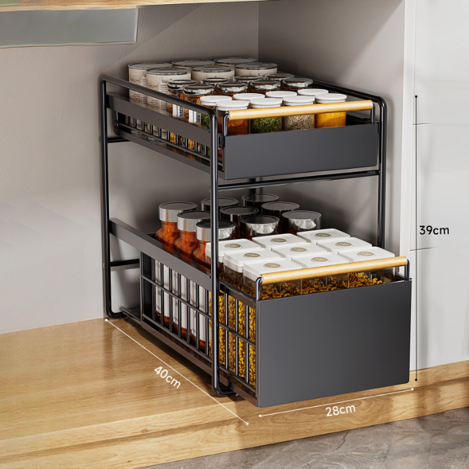 No-Drill Under-Sink Pull-Out Organizer – Heavy-Duty Slide Rack with Anti-Rust Coating