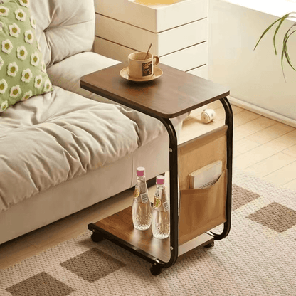 C‑Shaped Mobile Side Table – Lockable Casters & Double‑Tier Storage