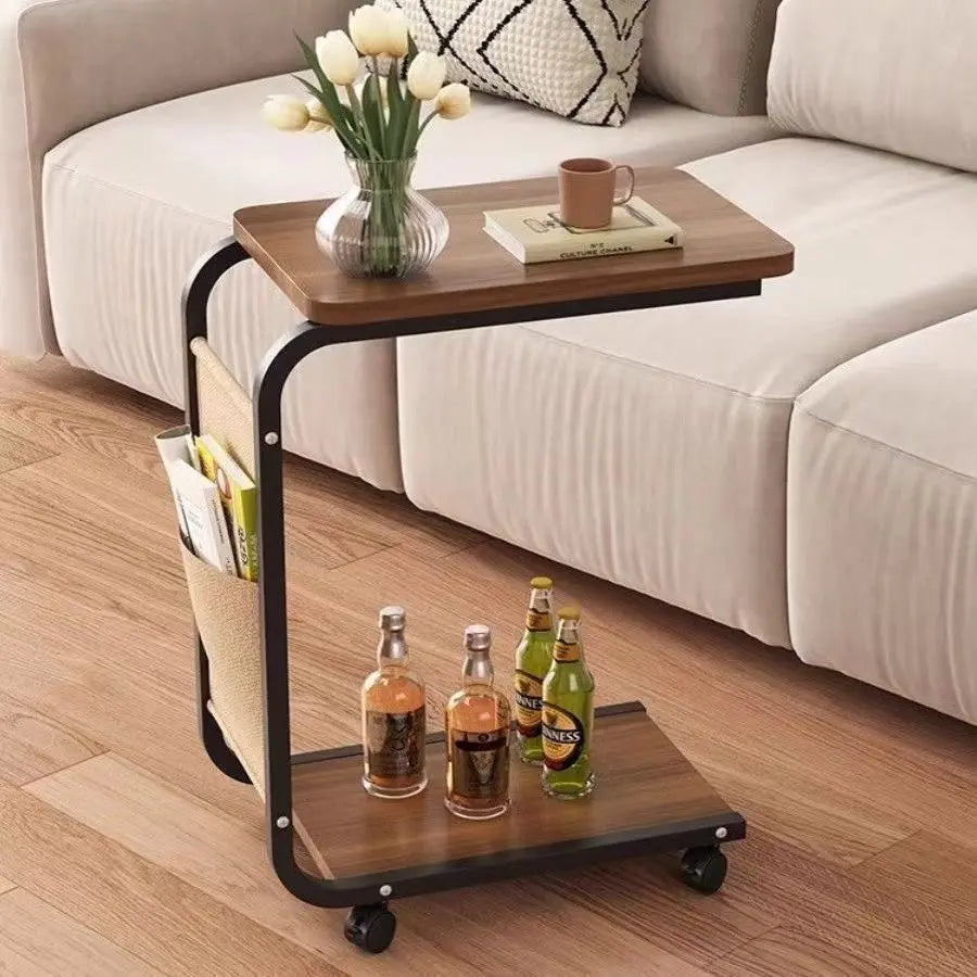 C‑Shaped Mobile Side Table – Lockable Casters & Double‑Tier Storage
