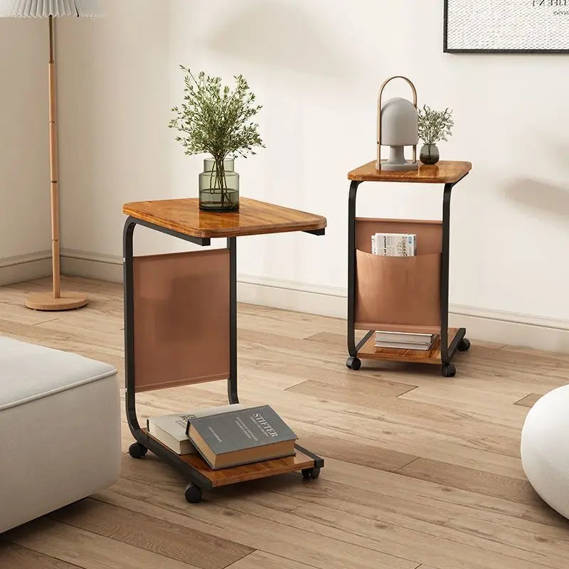 C‑Shaped Mobile Side Table – Lockable Casters & Double‑Tier Storage