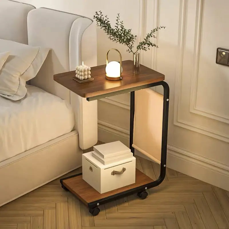 C‑Shaped Mobile Side Table – Lockable Casters & Double‑Tier Storage
