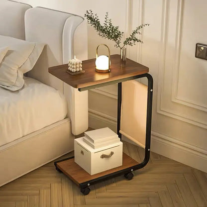 C‑Shaped Mobile Side Table – Lockable Casters & Double‑Tier Storage