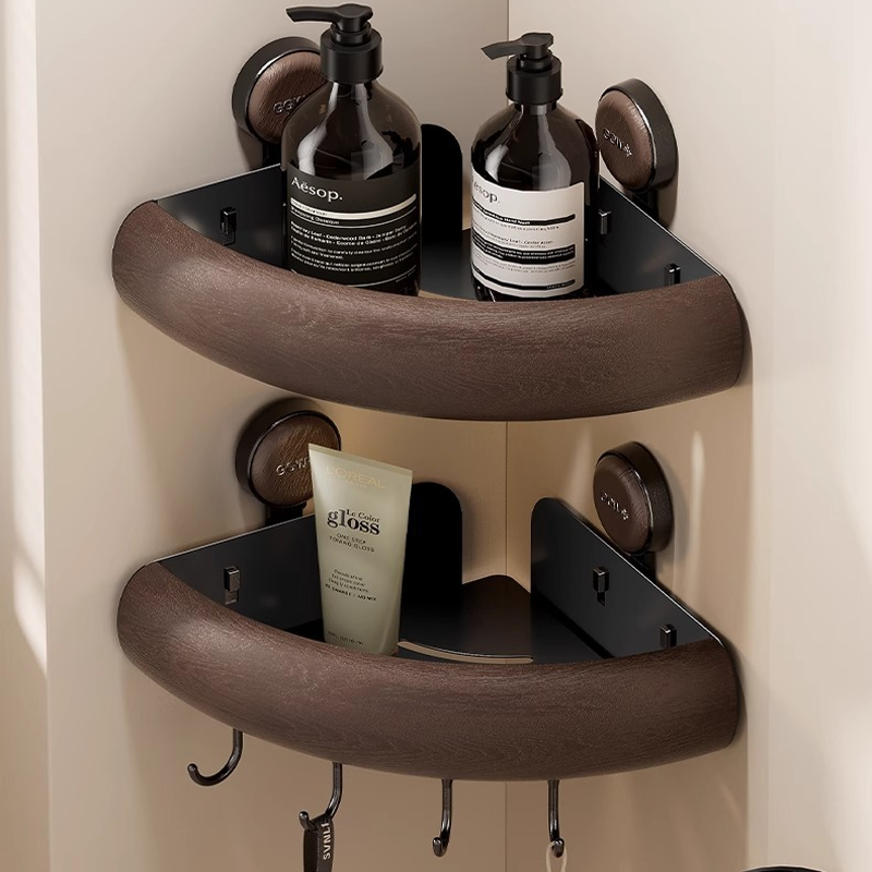 WalnutWood Suction Corner Shelf - Strong Hold, Fast Drainage & Warm Aesthetic Touch