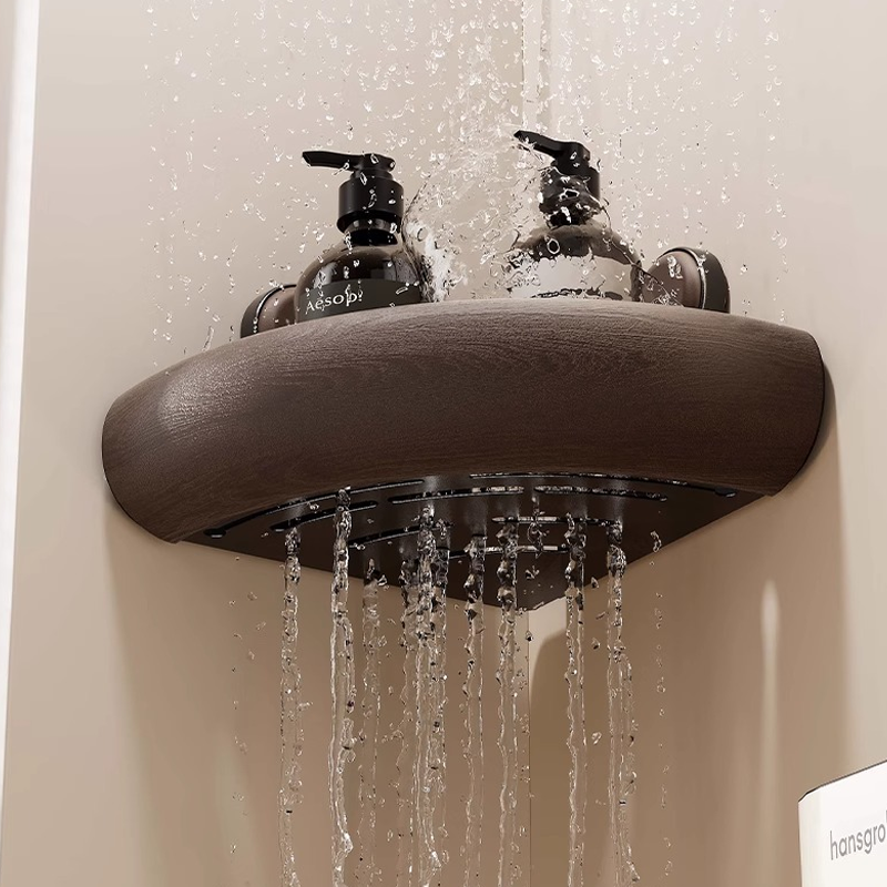 WalnutWood Suction Corner Shelf - Strong Hold, Fast Drainage & Warm Aesthetic Touch