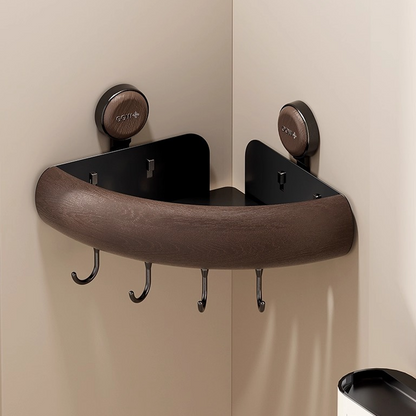 WalnutWood Suction Corner Shelf - Strong Hold, Fast Drainage & Warm Aesthetic Touch