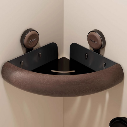 WalnutWood Suction Corner Shelf - Strong Hold, Fast Drainage & Warm Aesthetic Touch