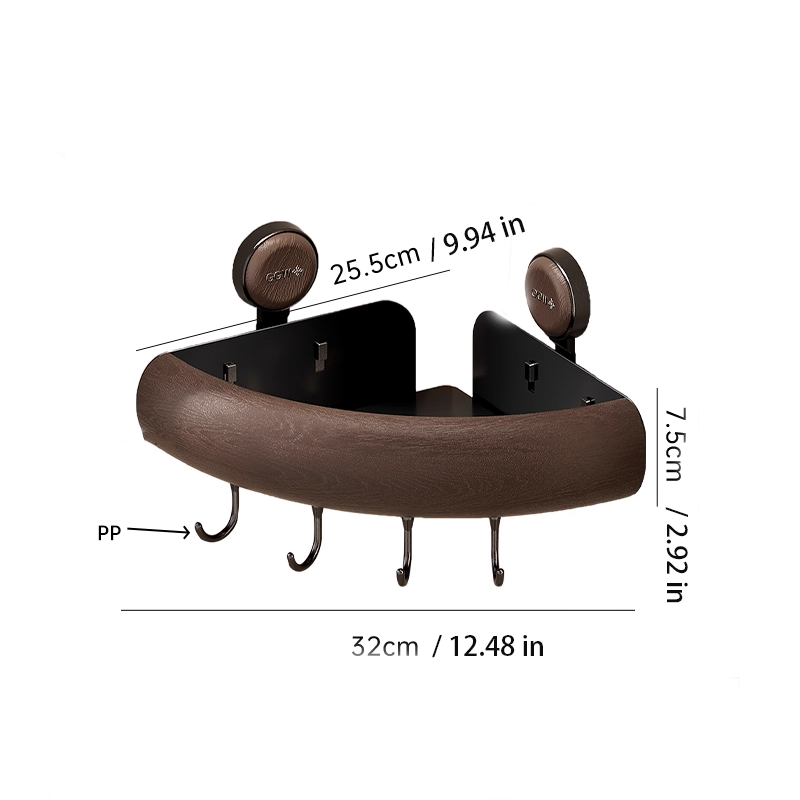 WalnutWood Suction Corner Shelf - Strong Hold, Fast Drainage & Warm Aesthetic Touch