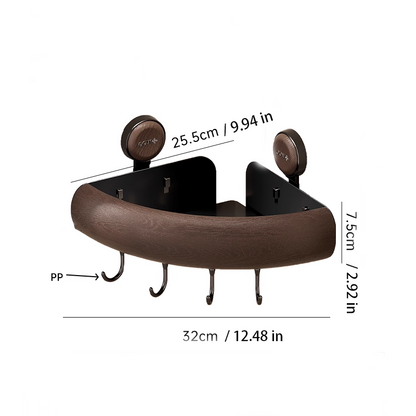 WalnutWood Suction Corner Shelf - Strong Hold, Fast Drainage & Warm Aesthetic Touch